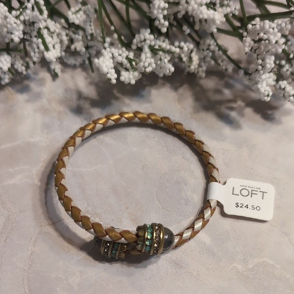 LOFT Braided Gold and White Leather Vintage-Inspired Bracelet NWT